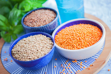 Lentils vegetarian food in ceramic bowl
