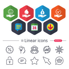 Smile and hand icon. Water drop, Tick symbol.