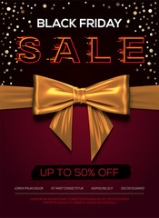 Black Friday Sale poster with ribbon gold bow and golden glitter around. Black Friday banner. biggest sale ever. Sale and discount. Vector illustration.