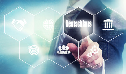 A businessman pressing a German Course "Deutschkurs" button in German on a futuristic computer  display