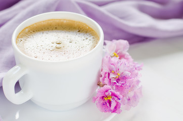 White cup of morning coffee or cappuccino.