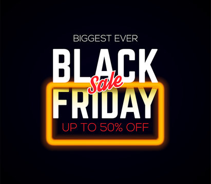 Dark banner for Black Friday sale with neon light frame. Sale and discount. Concept of advertising for seasonal offer. Vector illustration.