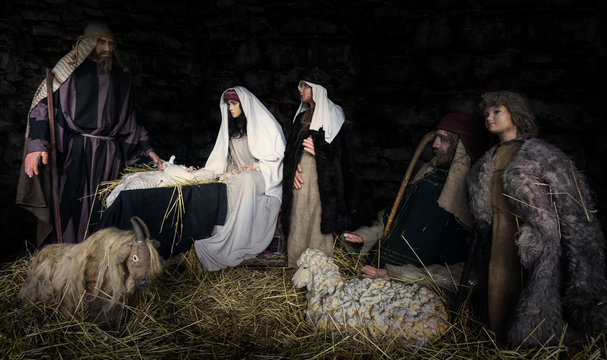 Bible scene - birth of Christ. composite image, scene made of dolls