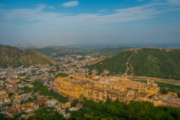 Indian travel famous tourist landmark, beautiful view of the city of Amber Fort and Maota lake, located in Rajasthan, India