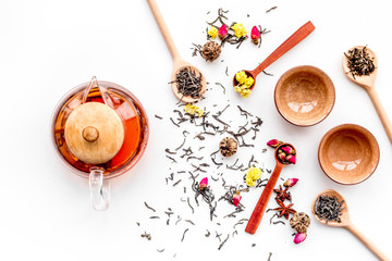 Tea party set. Tea pot, cups, dried tea leaves, fllowers, spices on white background top view