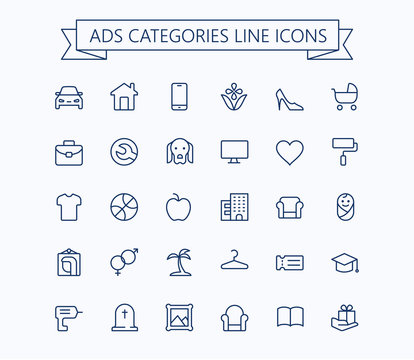 Classified advertisements categories thin line icons set.24x24 Grid. Pixel Perfect.Editable stroke.