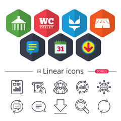 Swimming pool icons. Shower and swimwear signs.