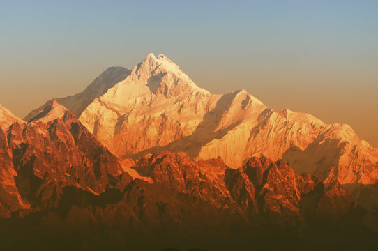 First light on Mount Kanchenjugha, Himalayan mountain range