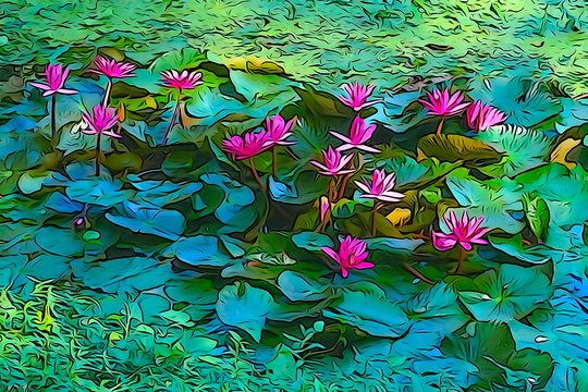 Oil Paint Of Red Water Lily, Artistic Image