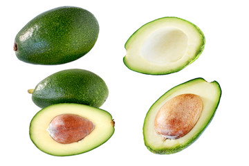 Avocado pieces set isolated on white background as package design element. Collection of slice avocado