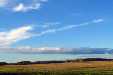 Obraz premium Harvested stubblefields under blue sky and white clouds in the surrounding countryside of Berlin, Germany