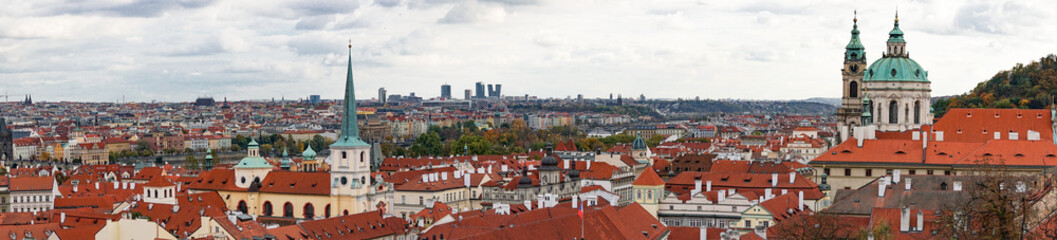 Naklejka na ściany i meble Aerial view of the Old Town architecture with red roofs in Prague , Czech Republic.