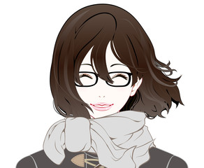 メガネをかけた女性の表情 / 冬服 / 笑顔 / なびく髪