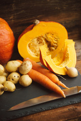 Vegetables for preparation of pumpkin soup , white background