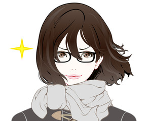 メガネをかけた女性の表情 / 冬服 / 自信 / なびく髪