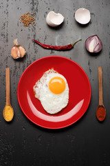 Omelet and eggshells, garlic, chili pepper and onion placed around