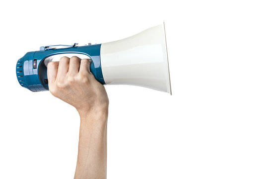 Hand hold megaphone isolated on white background - Announcement concept