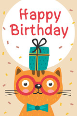 Happy Birthday card with cat in glasses and gift - vector illustration, eps