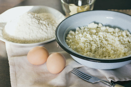 Flour, eggs and cottage cheese for cooking
