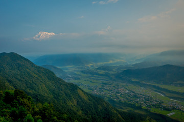 Amazing view from hilltop of the mountain Annapurna during sunrise at Sarangkot, Nepal