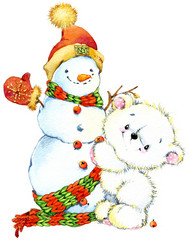 Funny teddy bear and winter decorations for Christmas greetings cards