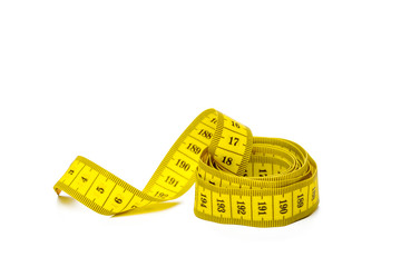 yellow metric measuring tape isolated on white panorama background