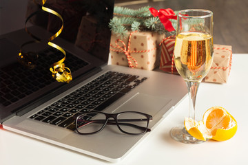 Flat lay Christmas decoration Office workplace