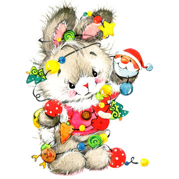 funny bunny and Christmas background with winter decoration. watercolor painting