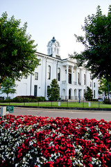 Courthouse in Town Square with Red Flowers