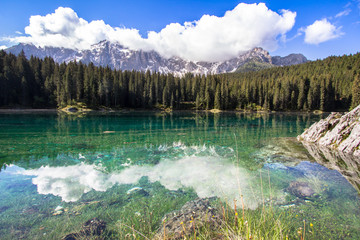 Karersee, lake in the Dolomites in South Tyrol, Italy