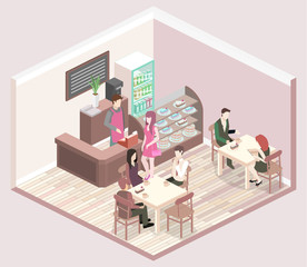 flat 3D isometric design interior cafe or restaurant.