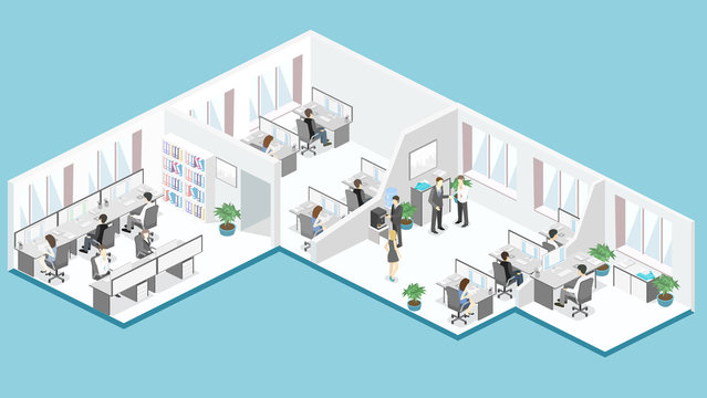 Flat 3d isometric office floor interior departments concept vector.