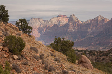 View of West Temple and Mt. Kinesava from the Wire Mesa trail in Southern Utah