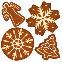 Bright colorful poster with christmas ginger bread tree, angel, snowflake.