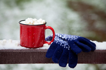 Red mug with tasty marshmallow on a wooden snow bridge in a winter park