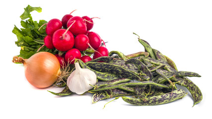 Fresh Borlotti Beans, radish and ather vegetable on a white backgronud