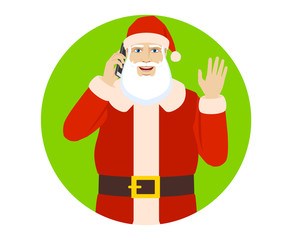 Santa Claus talking on the mobile phone greeting someone with his hand raised up
