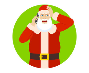 Santa Claus talking on the mobile phone and grabbed his head