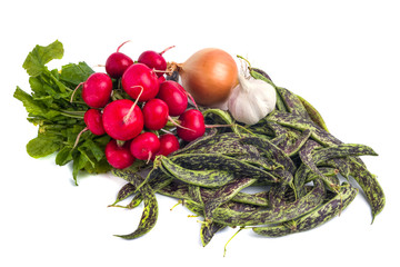 Fresh Borlotti Beans, radish and ather vegetable on a white backgronud