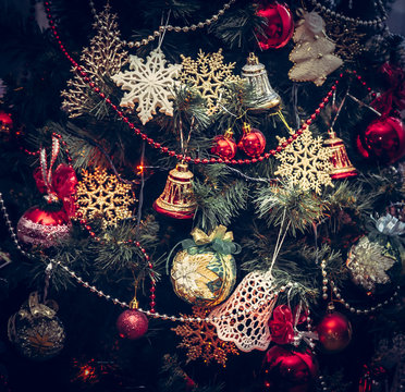 Vintage Christmas background with Christmas tree decorations 