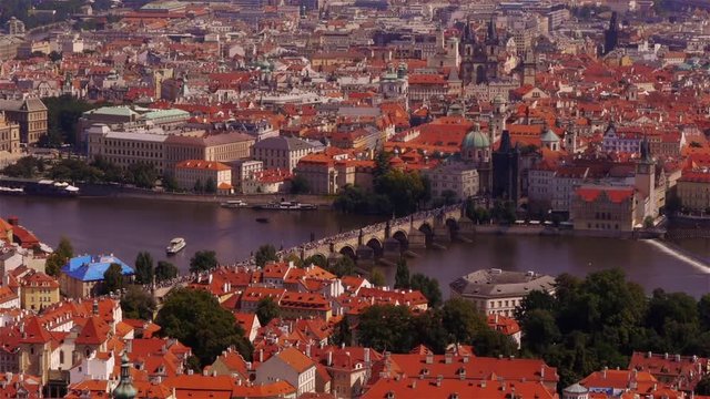 Aerial view of the Charles Bridge from Petrin Hill in Prague