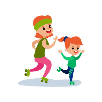 Mom And Her Daughter Skating On Rollerblades, Sport Family And Physical Activity With Children Vector Illustration