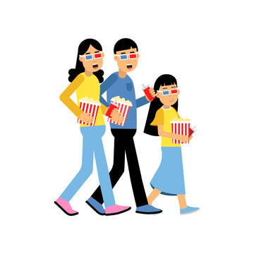 Parents with their daughter wearing 3d glasses with popcorn going to the cinema, happy family concept vector Illustration