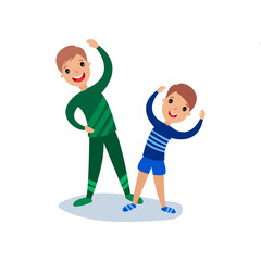 Dad and son doing morning exercises, sport family and physical activity with children vector Illustration