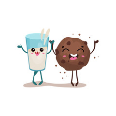 Cute glass of milk and cookie characters are best friends, healthy kids menu vector Illustration