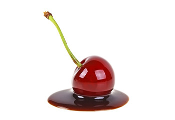 Ripe cherry in chocolate on a white background