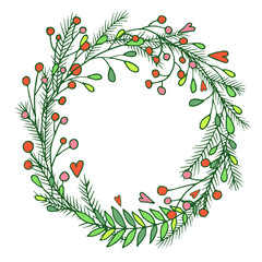 Vector Christmas wreath with pine branches, leaves, berries and hearts
