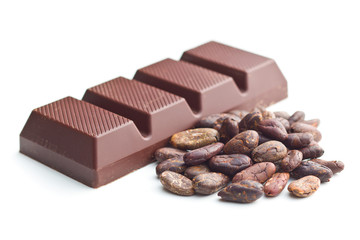 Dark chocolate bar and cocoa beans.