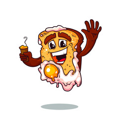 Cute and funny character of bread with cup of coffee and egg, vector cartoon illustration isolated on white background