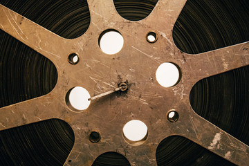 Close up of old vintage film reel, ancient movie equipment